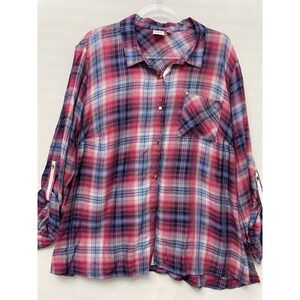 New Rafaella Plaid Button Up Shirt 3X Pink Blue Roll Tab Sleeve Relaxed